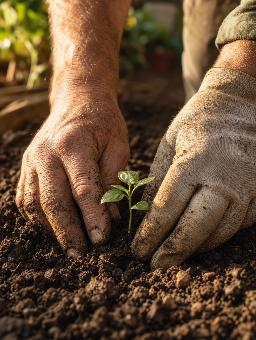 Hands gently tending to a small garden sprout in rich soil, symbolizing new beginnings