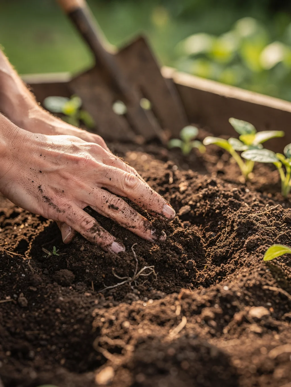 Hands gently working in rich garden soil