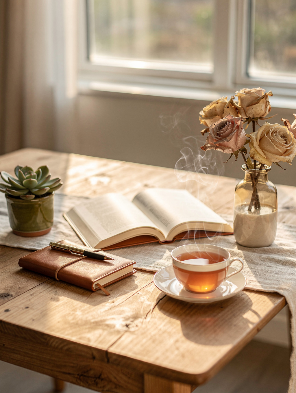 A quiet morning kitchen table with warm sunlight, tea, and an open journal